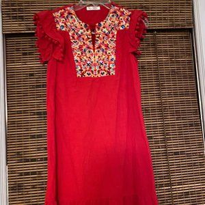 Summer Mini Dress Casual V Neck Floral Embroidered Ruffle M